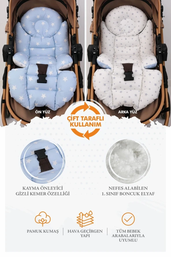 Umaybebek Ortopedik Bel Destekli Bebek Arabası Minderi, Pamuk Kumaş - Orijinal Ürün-Mavi Yıldız - 2