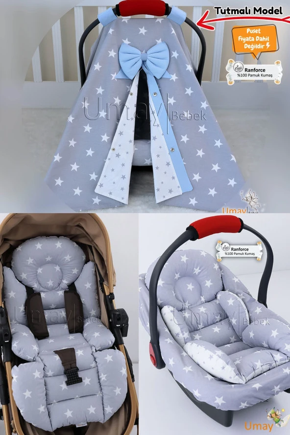 Umaybebek 4 Parça - Puset Örtüsü, Bel Destekli Bebek Arabası Minderi, Puset Minderi, Puset Çarşafı - Tutmalı-Açık Gri Mavi T ürün görseli 1