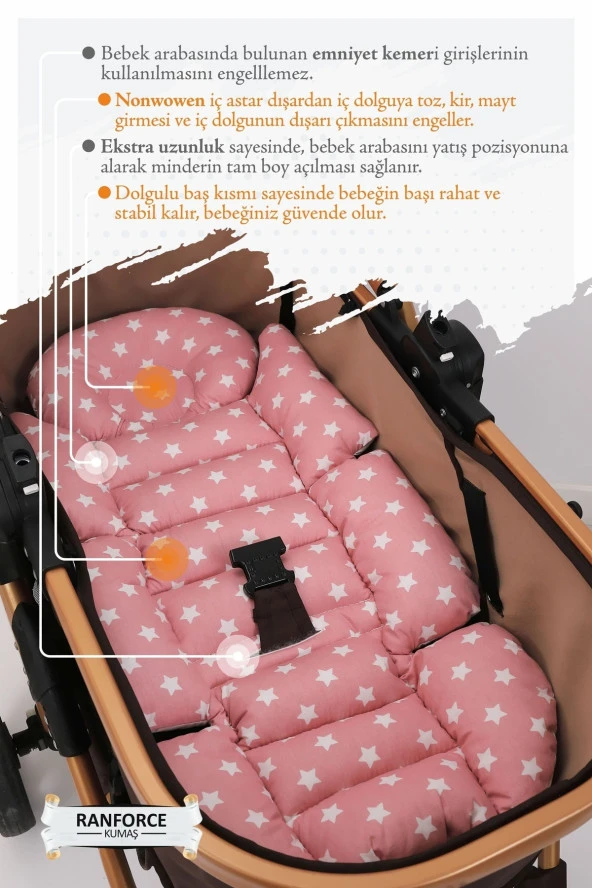 Umaybebek Ortopedik Bel Destekli Bebek Arabası Minderi, Pamuk Kumaş - Orijinal Ürün-Pudra Yıldız - 3