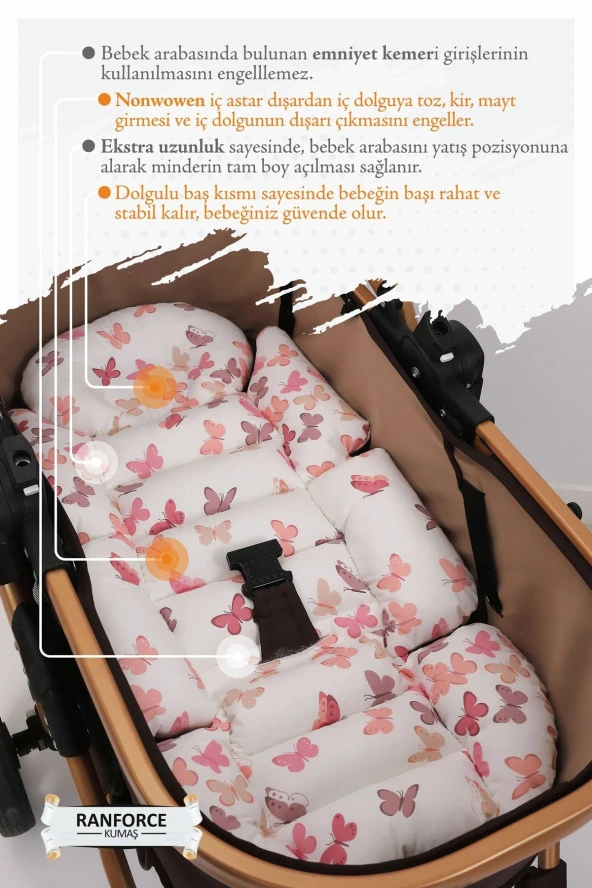 Umaybebek Ortopedik Bel Destekli Bebek Arabası Minderi, Pamuk Kumaş - Orijinal Ürün-Pembe Kelebek - 3