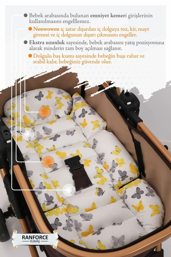 Umaybebek Ortopedik Bel Destekli Bebek Arabası Minderi, Pamuk Kumaş - Orijinal Ürün-Sarı Kelebek - 3