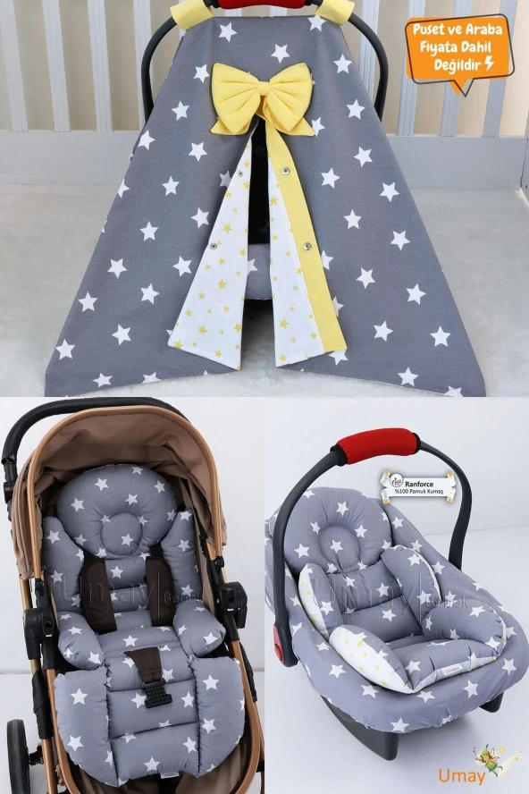 Umaybebek 4 Parça - Puset Örtüsü, Bel Destekli Bebek Arabası Minderi, Puset Minderi, Puset Çarşafı - Tutmalı-Koyu Gri Sarı T