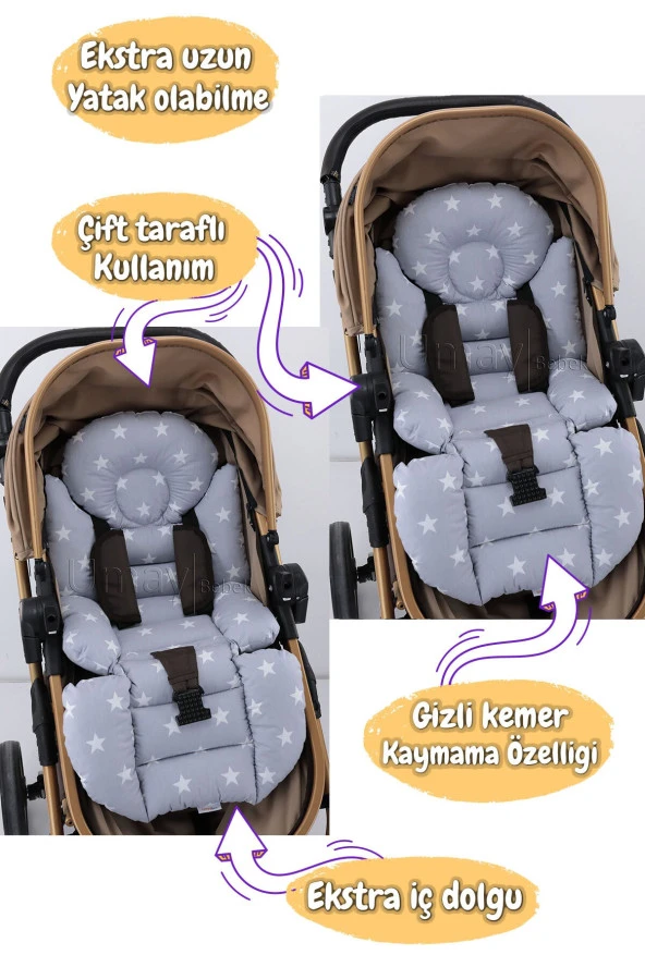 Umaybebek 4 Parça - Puset Örtüsü, Bel Destekli Bebek Arabası Minderi, Puset Minderi, Puset Çarşafı - Tutmalı-Açık Gri Mavi T - Resim 2