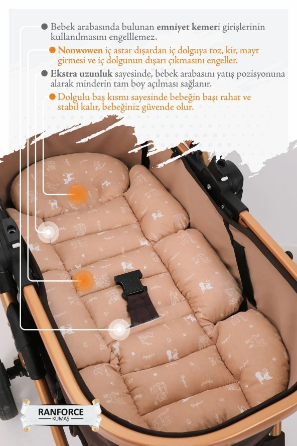 Umaybebek Ortopedik Bel Destekli Bebek Arabası Minderi, Pamuk Kumaş - Orijinal Ürün-Kahve Kedi - 3
