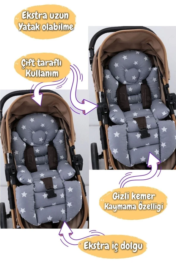 Umaybebek 4 Parça - Puset Örtüsü, Bel Destekli Bebek Arabası Minderi, Puset Minderi, Puset Çarşafı - Tutmalı-Koyu Gri Sarı T - 2