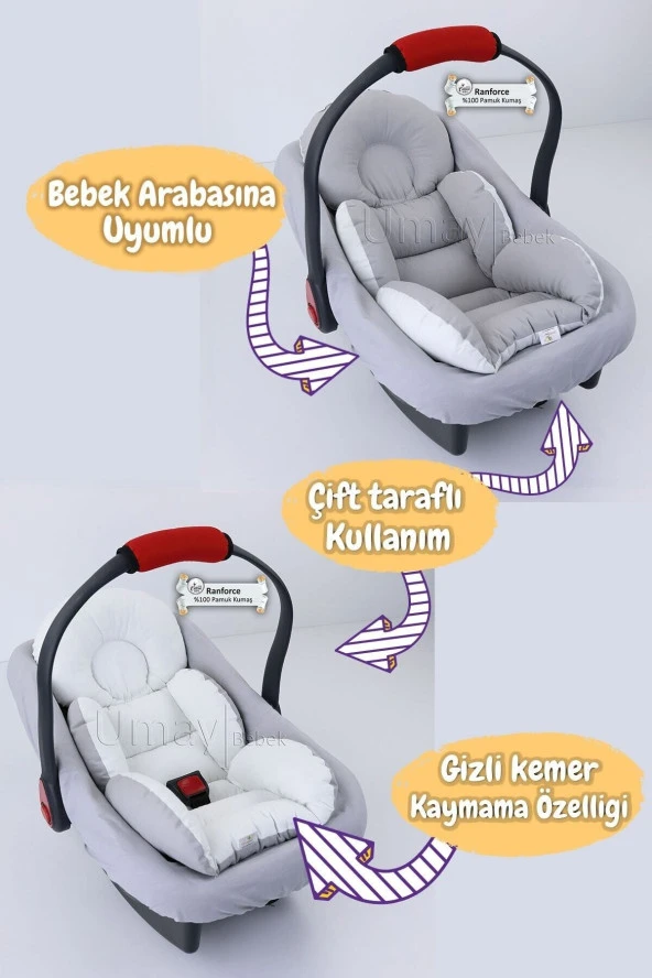 Umaybebek 4 Parça - Puset Örtüsü, Bel Destekli Bebek Arabası Minderi, Puset Minderi, Puset Çarşafı - Tutmalı-Gri Krem T - 2