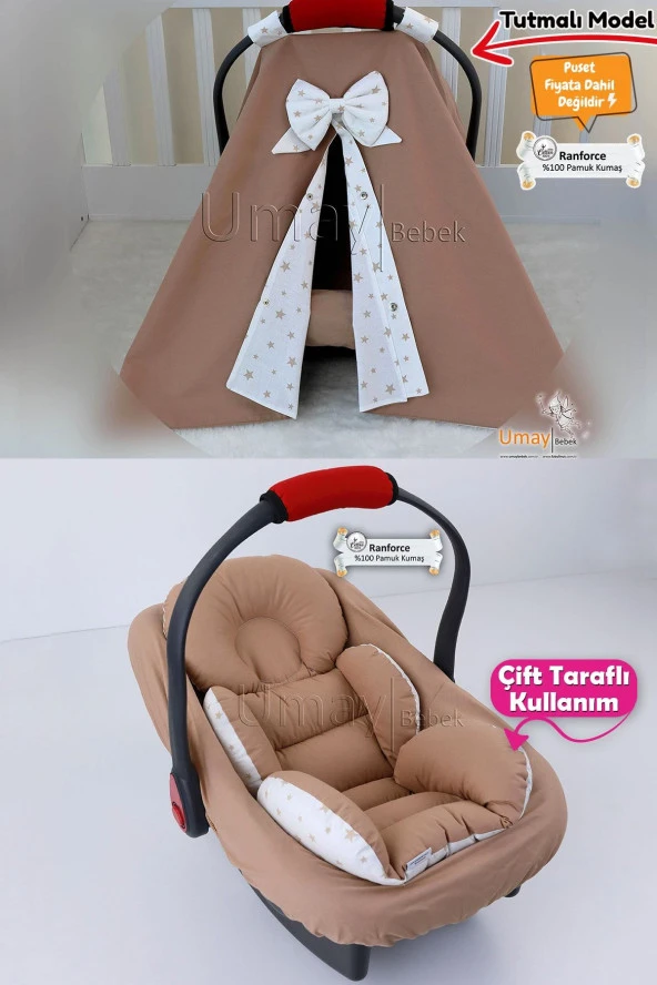 Umaybebek 3 Parça - Puset Örtüsü, Bel Destekli Puset Minderi, Puset Çarşafı, %100 Pamuk- Tutmalı-Kahve T