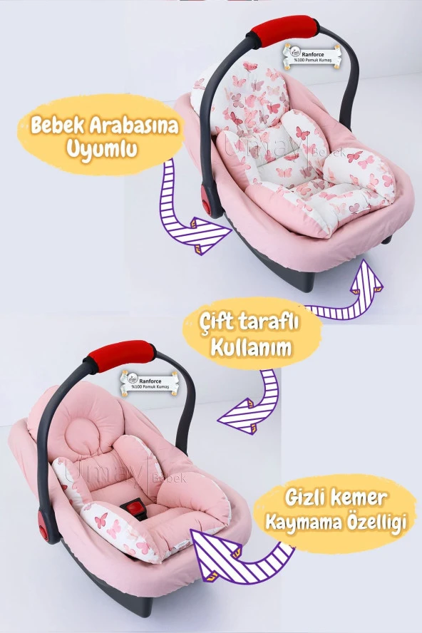 Umaybebek 3 Parça - Puset Örtüsü, Bel Destekli Puset Minderi, Puset Çarşafı, %100 Pamuk- Tutmalı-Pembe Kelebek T - 2