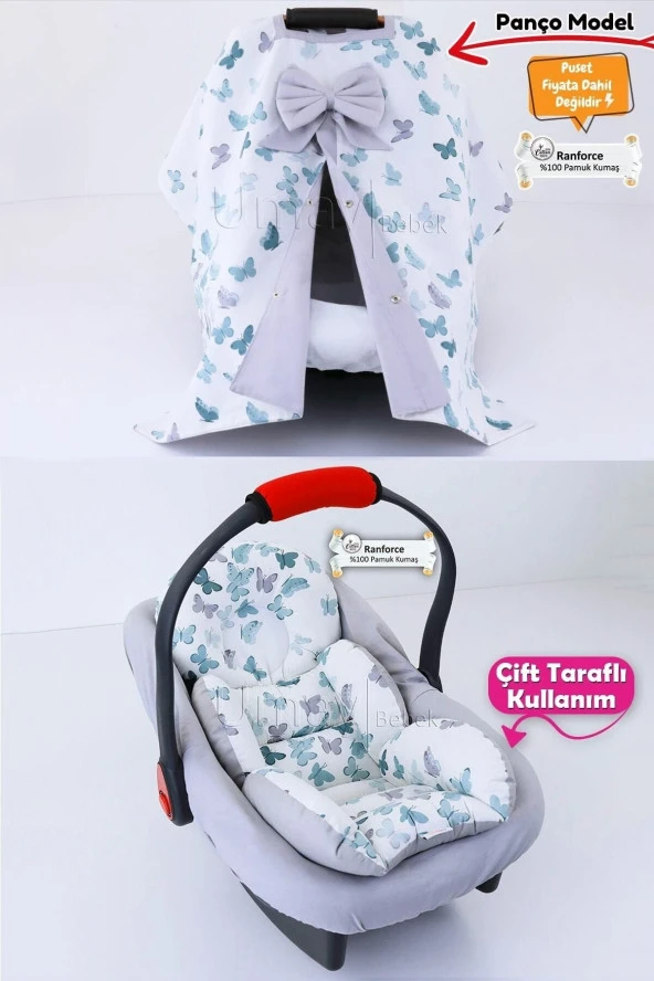 Umaybebek 3 Parça - Puset Örtüsü, Bel Destekli Puset Minderi, Puset Çarşafı, %100 Pamuk - Panço-Yeşil Kelebek P