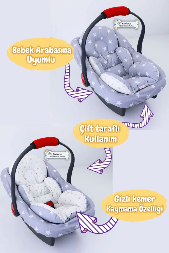 Umaybebek 3 Parça - Puset Örtüsü, Bel Destekli Puset Minderi, Puset Çarşafı, %100 Pamuk - Panço-Açık Gri Pembe P - 2