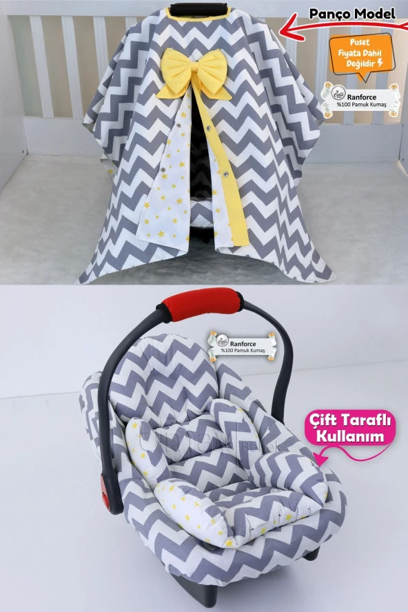 Umaybebek 3 Parça - Puset Örtüsü, Bel Destekli Puset Minderi, Puset Çarşafı, %100 Pamuk - Panço-Gri Zikzak P ürün görseli 1