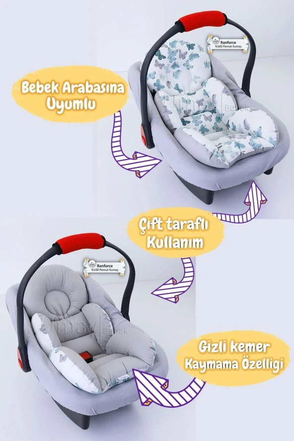 Umaybebek 3 Parça - Puset Örtüsü, Bel Destekli Puset Minderi, Puset Çarşafı, %100 Pamuk - Panço-Yeşil Kelebek P - 2