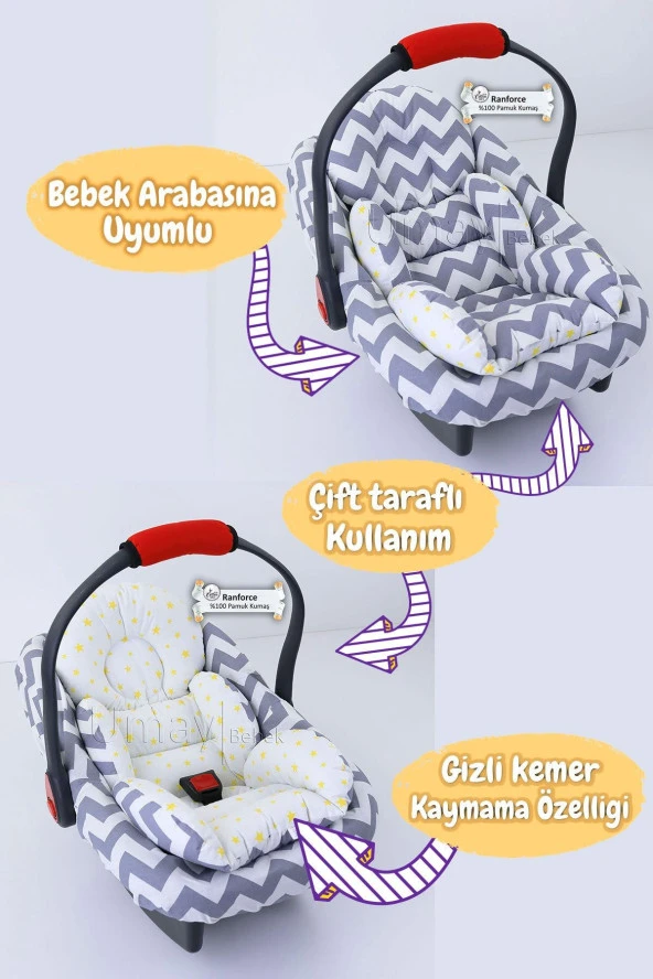 Umaybebek 3 Parça - Puset Örtüsü, Bel Destekli Puset Minderi, Puset Çarşafı, %100 Pamuk - Panço-Gri Zikzak P - Resim 2