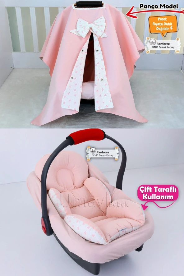 Umaybebek 3 Parça - Puset Örtüsü, Bel Destekli Puset Minderi, Puset Çarşafı, %100 Pamuk - Panço-Bebepembe P ürün görseli 1