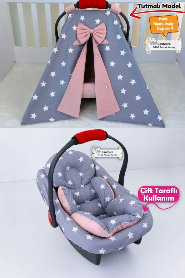 Umaybebek 3 Parça - Puset Örtüsü, Bel Destekli Puset Minderi, Puset Çarşafı, %100 Pamuk- Tutmalı-Koyu Gri Pudra T ürün görseli 1