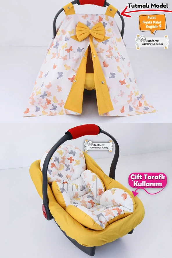 Umaybebek 3 Parça - Puset Örtüsü, Bel Destekli Puset Minderi, Puset Çarşafı, %100 Pamuk- Tutmalı-Hardal Kelebek T ürün görseli 1