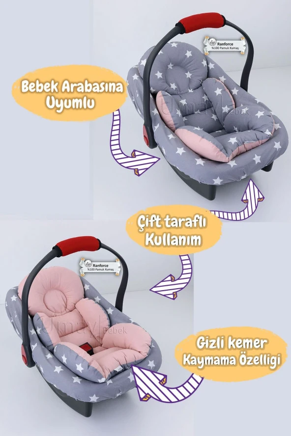 Umaybebek 3 Parça - Puset Örtüsü, Bel Destekli Puset Minderi, Puset Çarşafı, %100 Pamuk- Tutmalı-Koyu Gri Pudra T - Resim 2