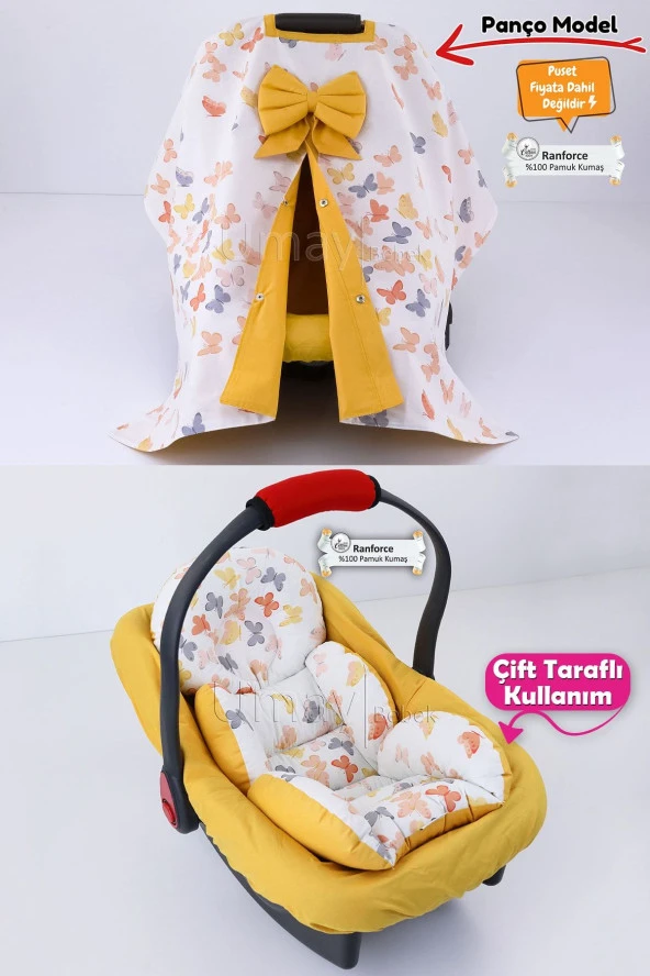 Umaybebek 3 Parça - Puset Örtüsü, Bel Destekli Puset Minderi, Puset Çarşafı, %100 Pamuk - Panço-Hardal kelebek P ürün görseli 1