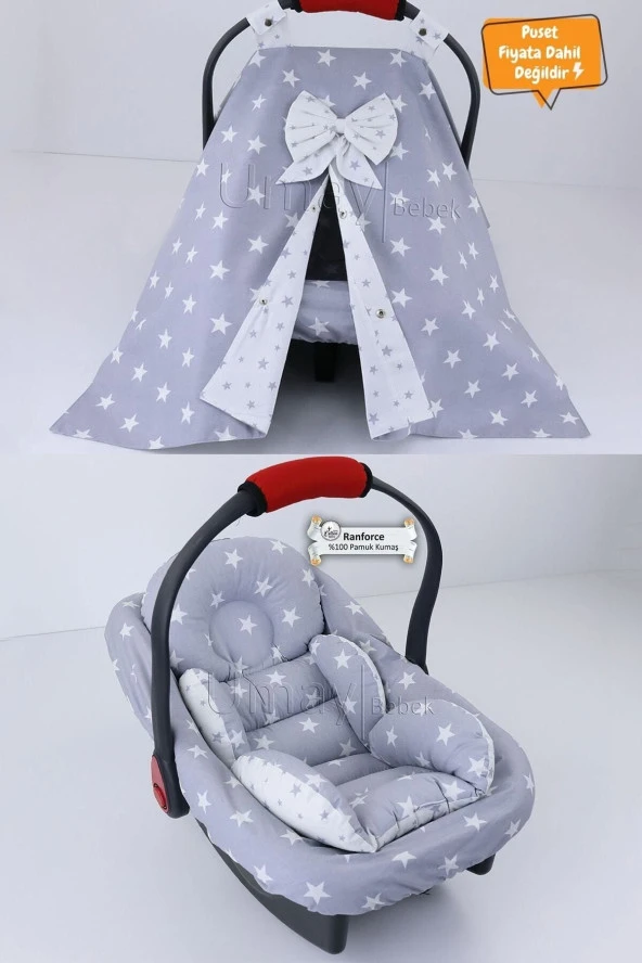 Umaybebek 3 Parça - Puset Örtüsü, Bel Destekli Puset Minderi, Puset Çarşafı, %100 Pamuk- Tutmalı-Açık Gri Yıldız T