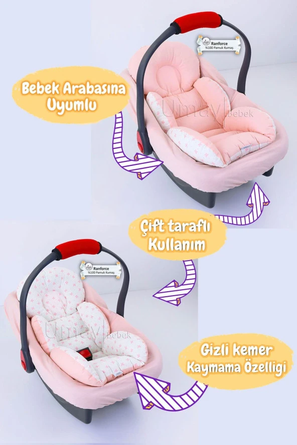 Umaybebek 3 Parça - Puset Örtüsü, Bel Destekli Puset Minderi, Puset Çarşafı, %100 Pamuk- Tutmalı-Bebepembe T - 2