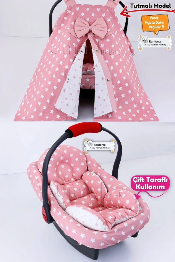 Umaybebek 3 Parça - Puset Örtüsü, Bel Destekli Puset Minderi, Puset Çarşafı, %100 Pamuk- Tutmalı-Pudra Yıldız T ürün görseli 1