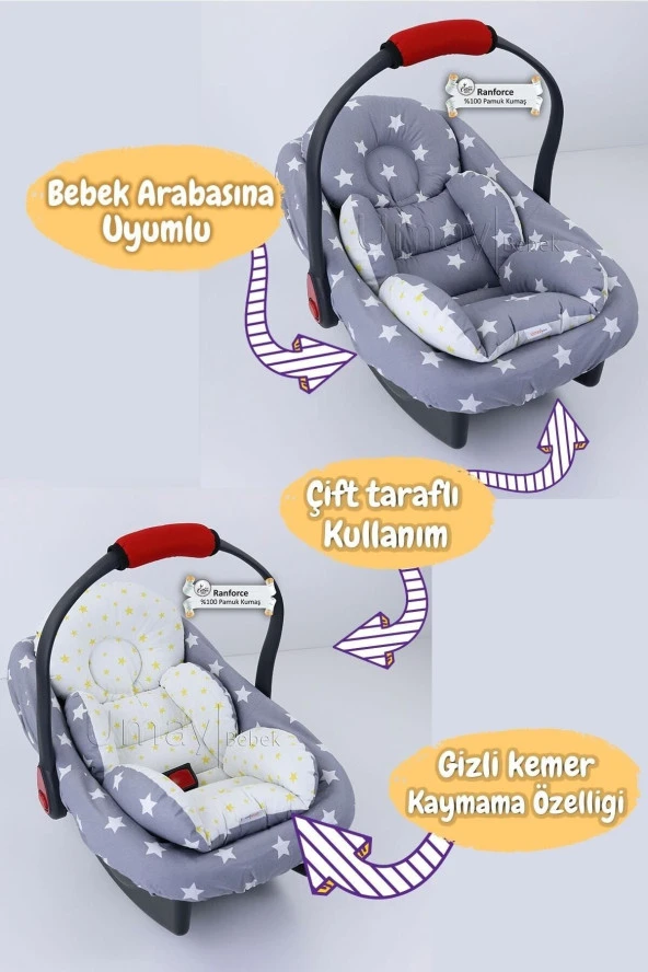 Umaybebek 3 Parça - Puset Örtüsü, Bel Destekli Puset Minderi, Puset Çarşafı, %100 Pamuk - Panço-Koyu Gri Sarı P - Resim 2