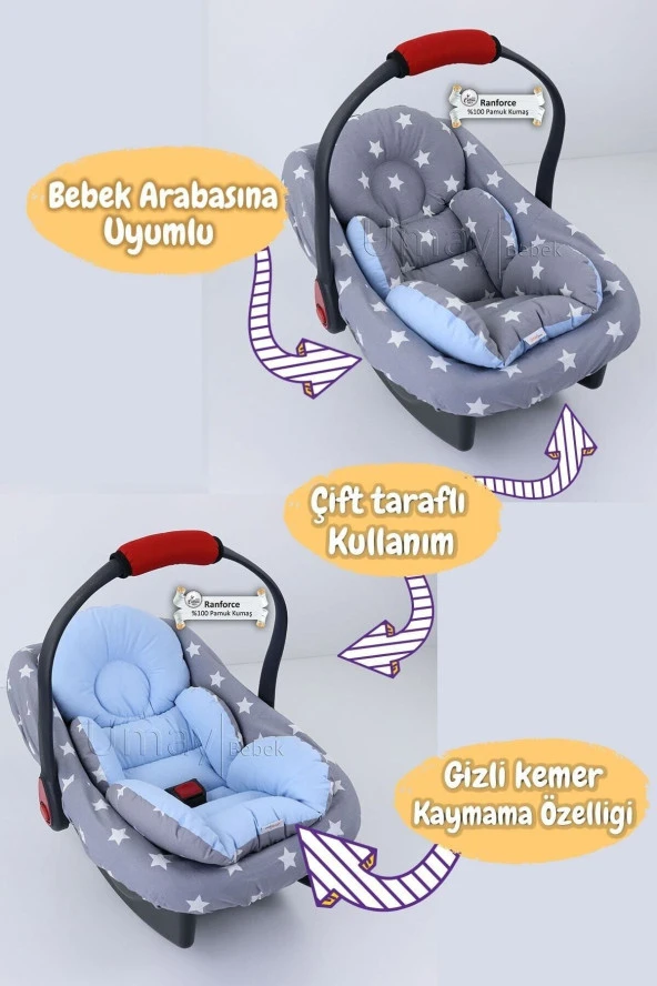 Umaybebek 3 Parça - Puset Örtüsü, Bel Destekli Puset Minderi, Puset Çarşafı, %100 Pamuk - Panço-Koyu Gri Mavi P - 2