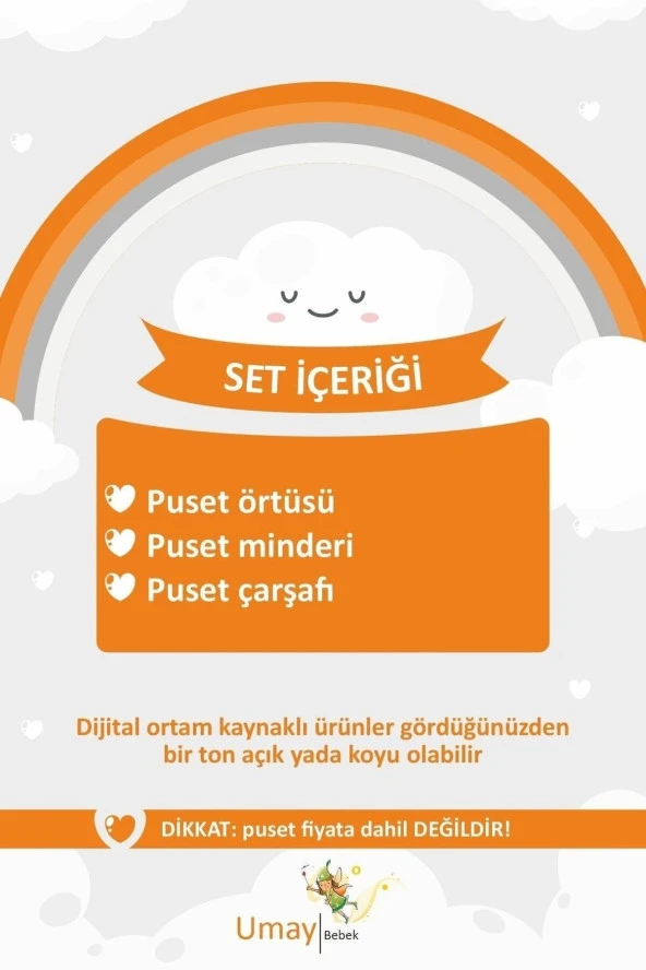 Umaybebek 3 Parça - Puset Örtüsü, Bel Destekli Puset Minderi, Puset Çarşafı, %100 Pamuk - Panço-Koyu Gri Mavi P - 3