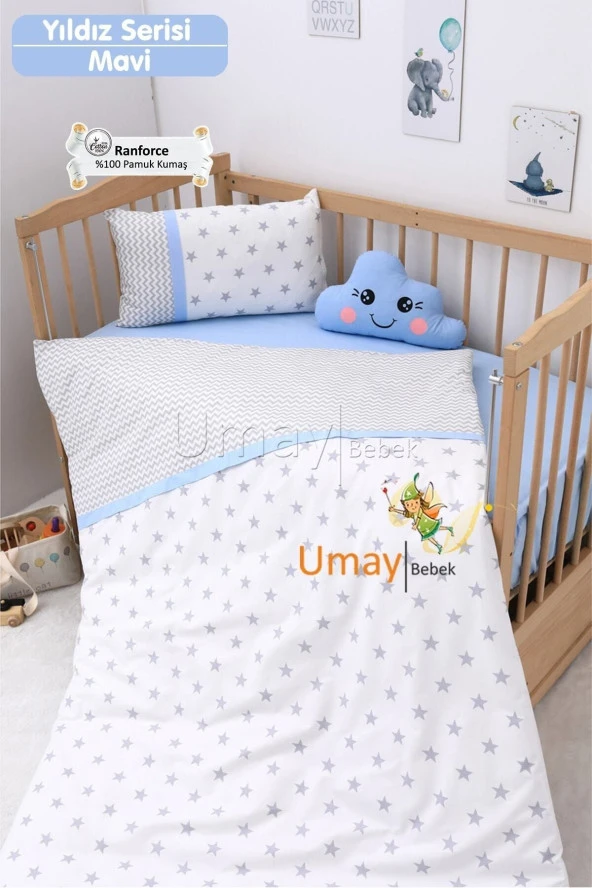 Umaybebek Bebek Nevresim Takımı, Çarşaf - %100 Pamuk-Mavi Yıldızlı D