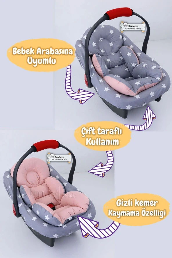 Umaybebek 3 Parça - Puset Örtüsü, Bel Destekli Puset Minderi, Puset Çarşafı, %100 Pamuk - Panço-Koyu Gri Pudra P - Resim 2