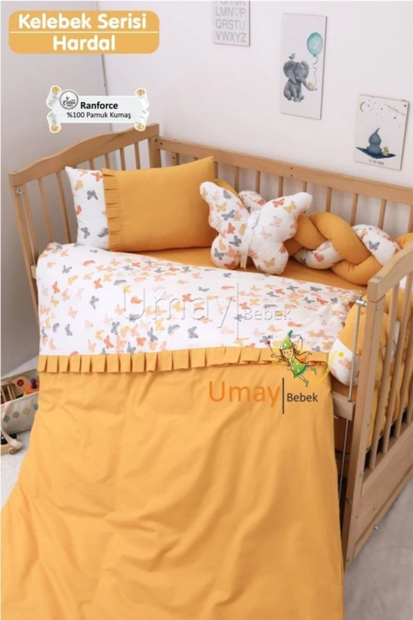 Umaybebek Bebek Nevresim Takımı, Örgü Korumalık, Çarşaf - %100 Pamuk-Hardal Kelebekli