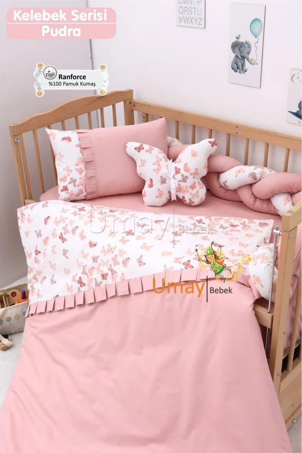 Umaybebek Bebek Nevresim Takımı, Örgü Korumalık, Çarşaf - %100 Pamuk-Pudra Kelebekli
