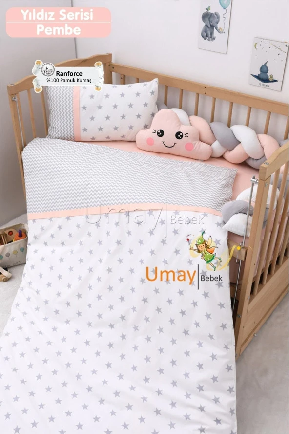 Umaybebek Bebek Nevresim Takımı, Örgü Korumalık, Çarşaf - %100 Pamuk-Pembe Yıldızlı