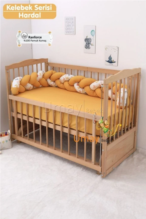 Umaybebek Bebek Nevresim Takımı, Örgü Korumalık, Çarşaf - %100 Pamuk-Hardal Kelebekli - 2