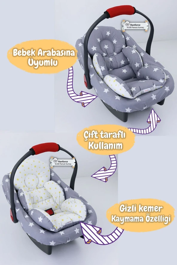 Umaybebek 3 Parça - Puset Örtüsü, Bel Destekli Puset Minderi, Puset Çarşafı, %100 Pamuk- Tutmalı-Koyu Gri Sarı T - Resim 2