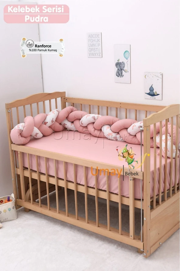 Umaybebek Bebek Nevresim Takımı, Örgü Korumalık, Çarşaf - %100 Pamuk-Pudra Kelebekli - 2