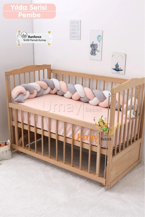 Umaybebek Bebek Nevresim Takımı, Örgü Korumalık, Çarşaf - %100 Pamuk-Pembe Yıldızlı - 2