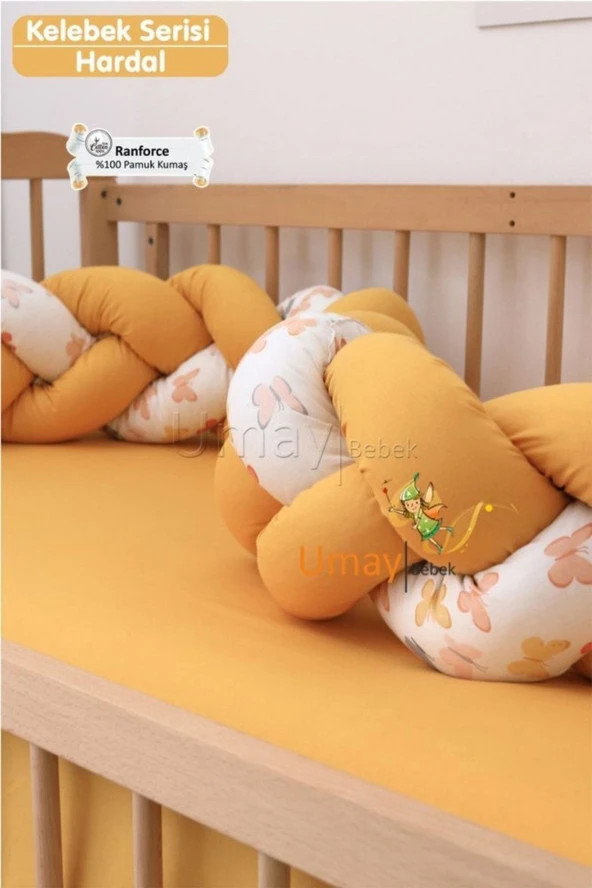 Umaybebek Bebek Nevresim Takımı, Örgü Korumalık, Çarşaf - %100 Pamuk-Hardal Kelebekli - 3