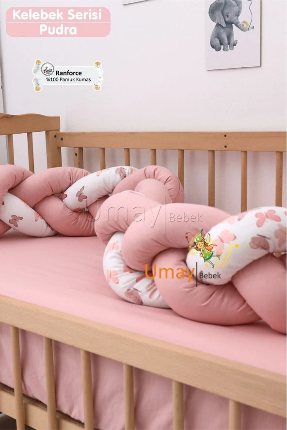 Umaybebek Bebek Nevresim Takımı, Örgü Korumalık, Çarşaf - %100 Pamuk-Pudra Kelebekli - 3