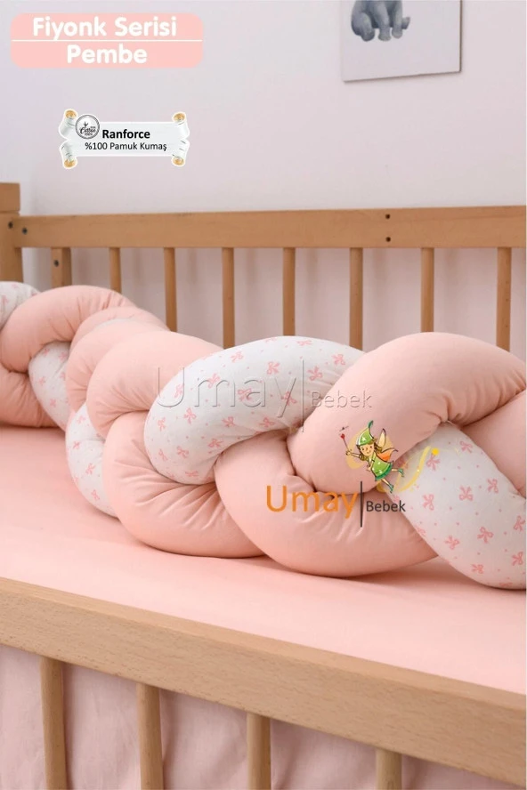 Umaybebek Bebek Nevresim Takımı, Örgü Korumalık, Çarşaf - %100 Pamuk-Pembe Fiyonklu - 3