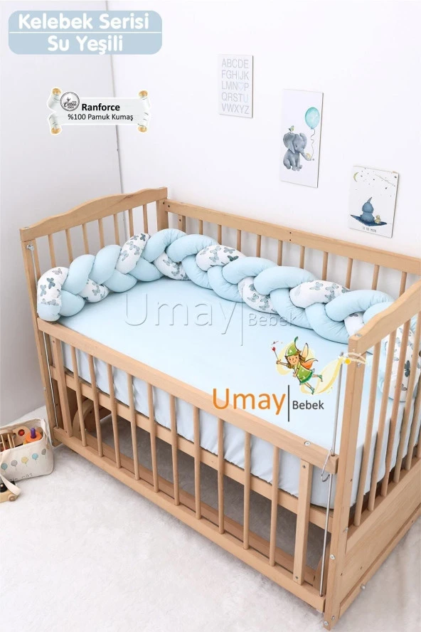Umaybebek Bebek Nevresim Takımı, Örgü Korumalık, Çarşaf - %100 Pamuk-Yeşil Kelebekli - 3