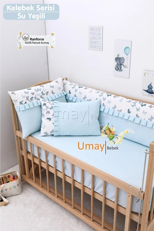 Umaybebek 70x130, Bebek Nevresim Takımı, Dolgu Korumalık, Düz Çarşaf - %100 Pamuk-Su Yeşili - 2