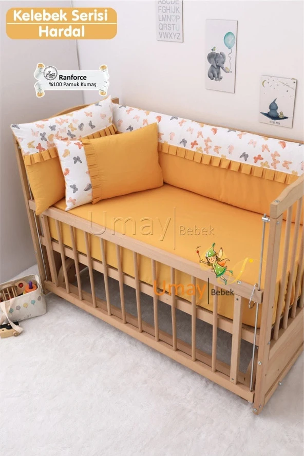 Umaybebek 70x130, Bebek Nevresim Takımı, Dolgu Korumalık, Düz Çarşaf - %100 Pamuk-Hardal Kelebek - 2