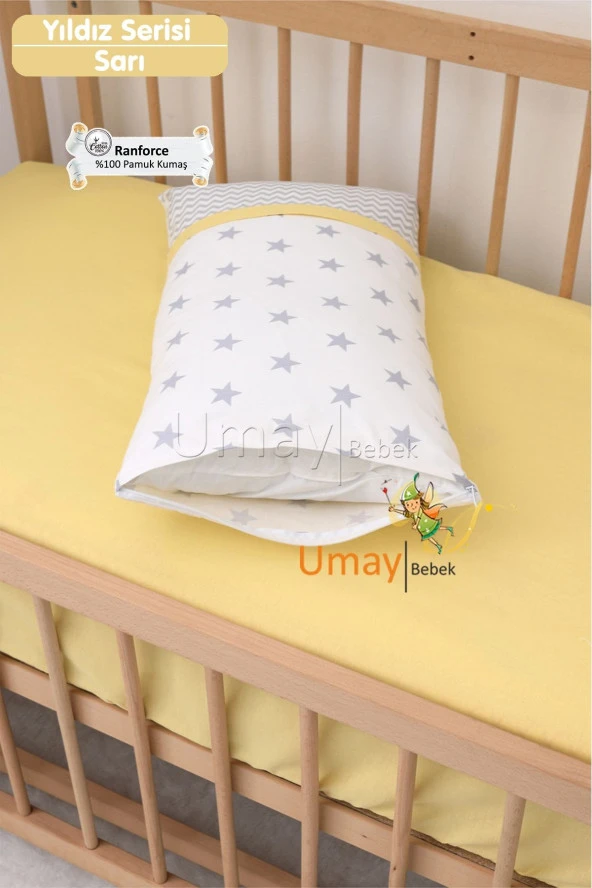 Umaybebek Bebek Nevresim Takımı, Örgü Korumalık, Çarşaf - %100 Pamuk-Sarı Yıldızlı - 3