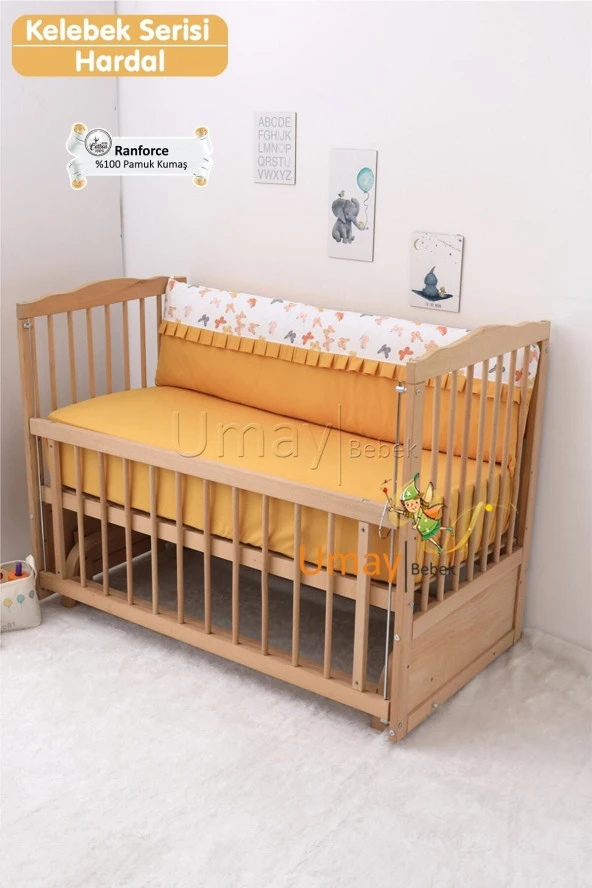 Umaybebek 70x130, Bebek Nevresim Takımı, Dolgu Korumalık, Düz Çarşaf - %100 Pamuk-Hardal Kelebek - 3