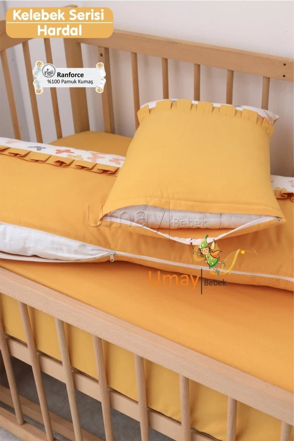 Umaybebek 70x130, Bebek Nevresim Takımı, Dolgu Korumalık, Düz Çarşaf - %100 Pamuk-Hardal Kelebek - 4