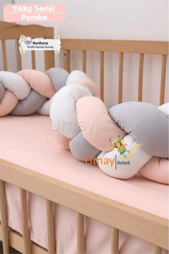 Umaybebek Bebek Nevresim Takımı, Örgü Korumalık, Çarşaf - %100 Pamuk-Pembe Yıldızlı - 3