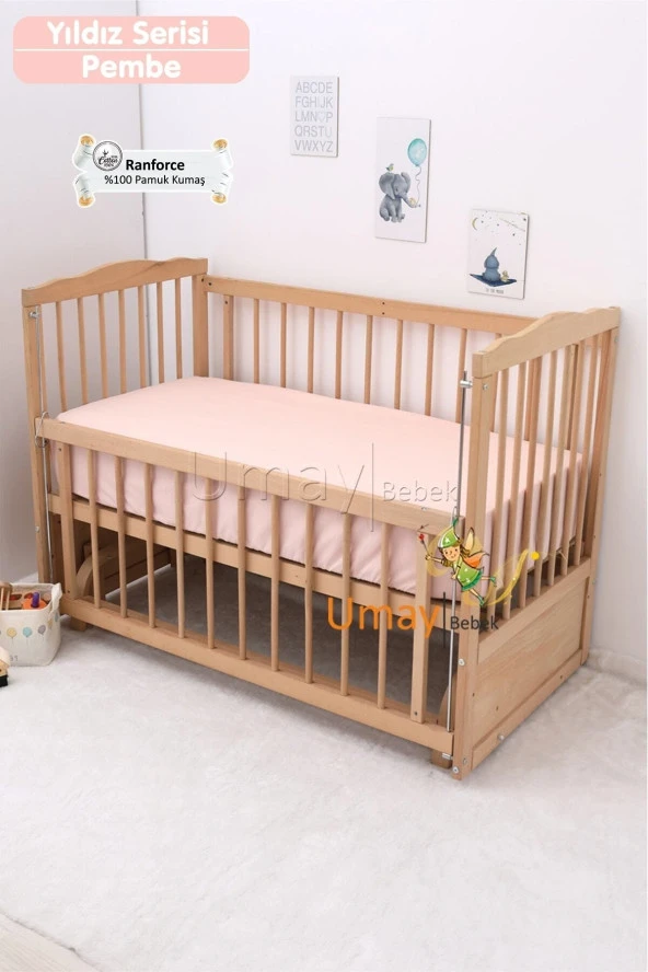 Umaybebek Bebek Nevresim Takımı, Örgü Korumalık, Çarşaf - %100 Pamuk-Pembe Yıldızlı - 4