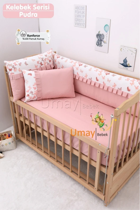 Umaybebek 70x130, Bebek Nevresim Takımı, Dolgu Korumalık, Düz Çarşaf - %100 Pamuk-Pudra Kelebek - 2