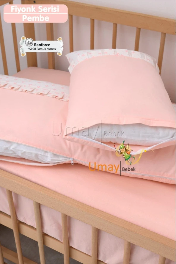 Umaybebek 70x110, Bebek Nevresim Takımı, Dolgu Korumalık, Düz Çarşaf - %100 Pamuk-Bebe Pembe - 4